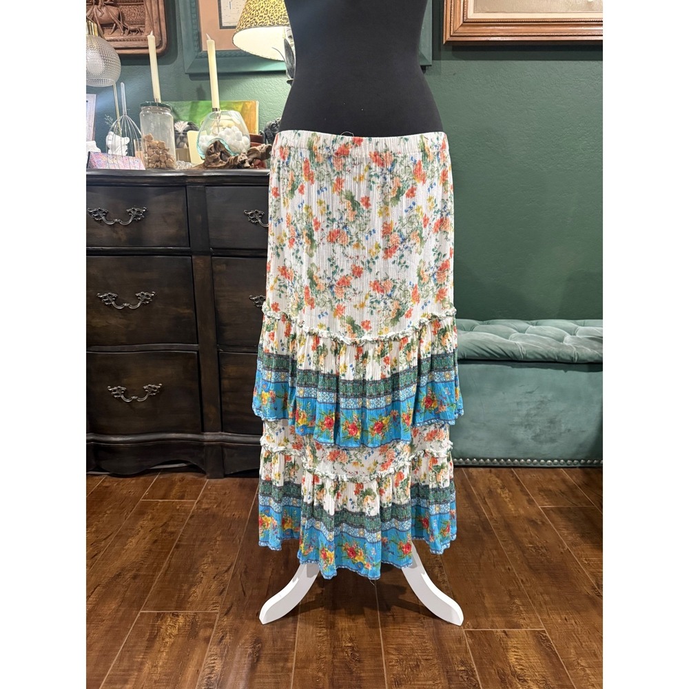 Boho Floral Tiered Maxi Skirt Elastic Waist Crinkle Ruffle Blue Cream Womens